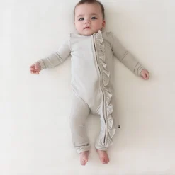 Ribbed Ruffle Zipper Romper in Oat