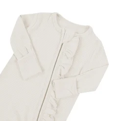 Ribbed Ruffle Zipper Romper in Oat