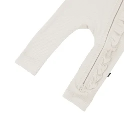 Ribbed Ruffle Zipper Romper in Oat