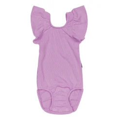 Ribbed Sleeveless Ruffle Leotard in Poi