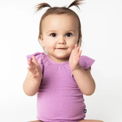 Ribbed Sleeveless Ruffle Leotard in Poi