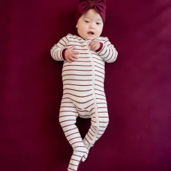 Ribbed Zipper Footie in Burgundy Stripe