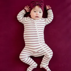Ribbed Zipper Footie in Burgundy Stripe