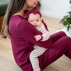 Ribbed Zipper Footie in Burgundy Stripe