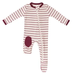Ribbed Zipper Footie in Burgundy Stripe