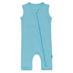Ribbed Zippered Sleeveless Romper in Makai