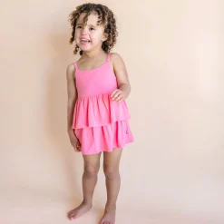 Spaghetti Strap Ruffle Romper in Guava