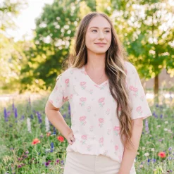 Women's Relaxed Fit V-Neck in Sakura Peony