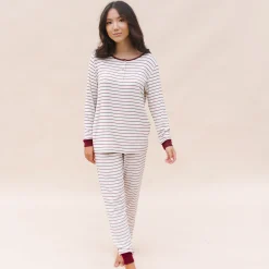 Women’s Ribbed Henley Set in Burgundy Stripe