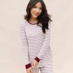 Women’s Ribbed Henley Set in Burgundy Stripe