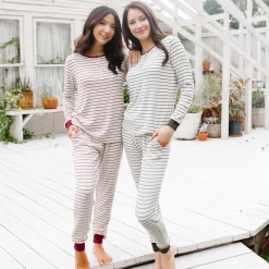 Women’s Ribbed Henley Set in Burgundy Stripe