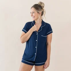 Women’s Short Sleeve Pajama Set in Navy with Cloud Trim