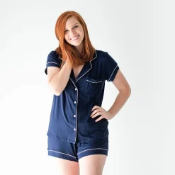 Women’s Short Sleeve Pajama Set in Navy with Cloud Trim