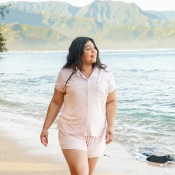 Women’s Short Sleeve Pajama Set in Blush with Cloud Trim