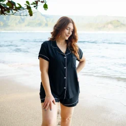 Women’s Short Sleeve Pajama Set in Midnight with Cloud Trim